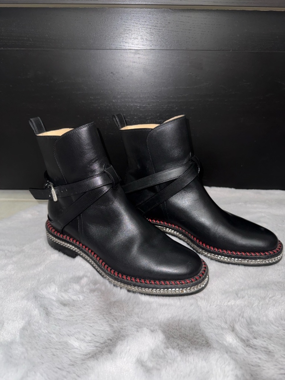 Christian Louboutin Black Leather Ankle Boots with Silver Chains and Red Trim